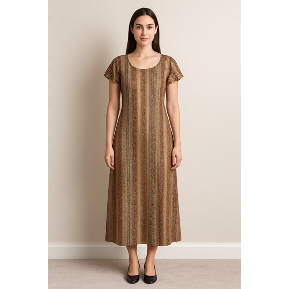 Handmade Tribal Metallic Slinky Maxi Dress M Far East Liquid Gold Unique Boho - Picture 2 of 9